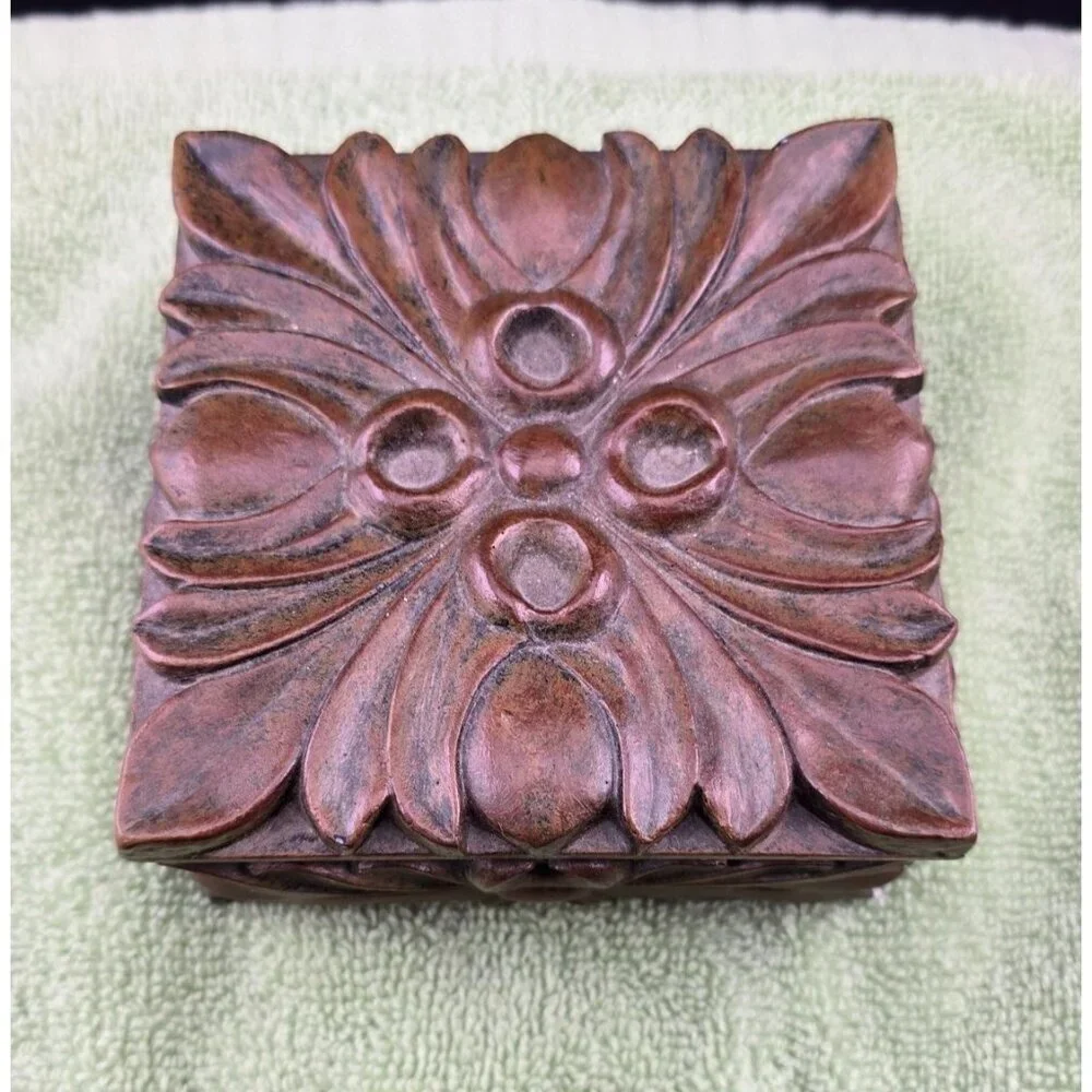 Jewelry Trinket Box With Floral Design Brown Finish 4 x 4